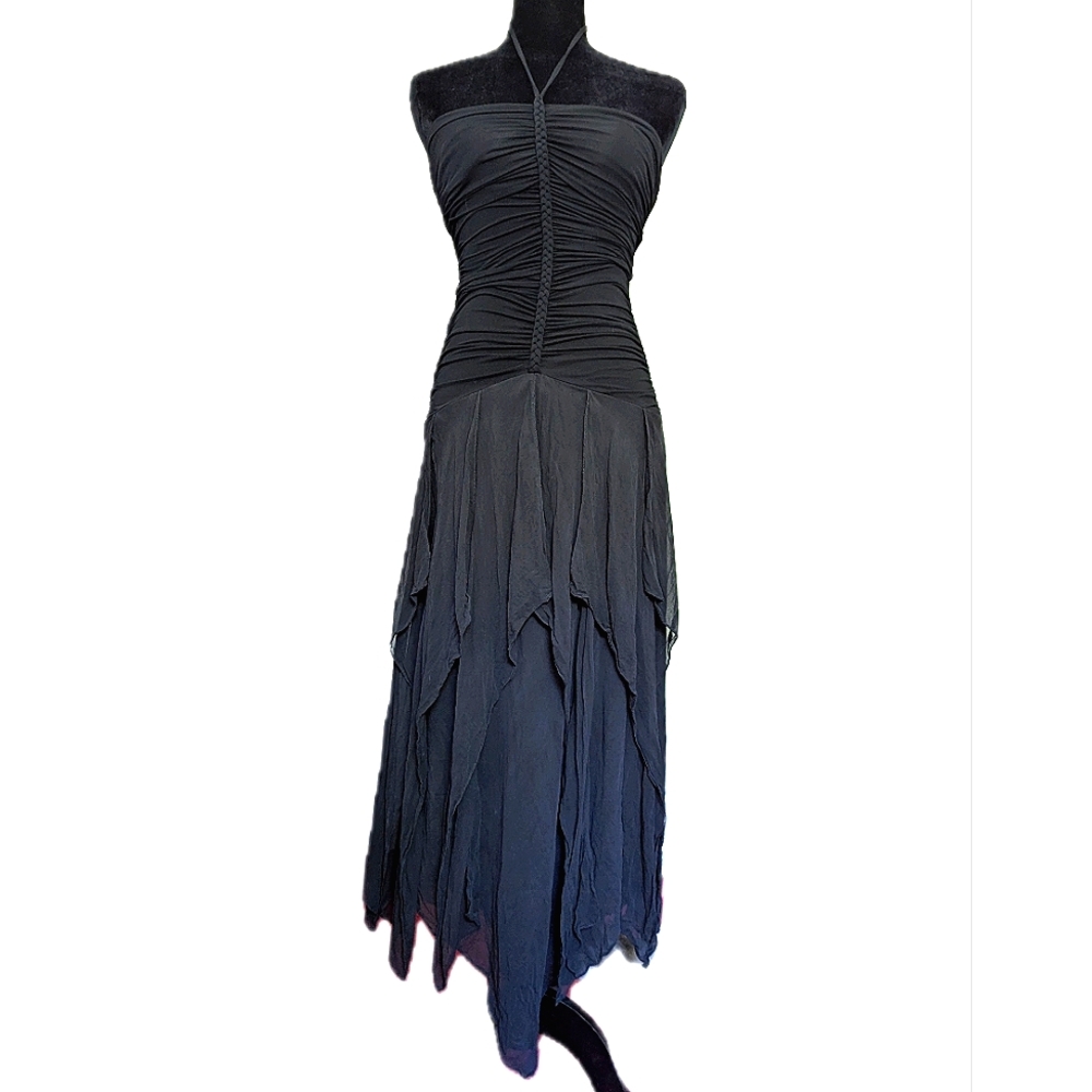 Designer Asymmetrical Black Ruffle And Ruche Dress - Picture 3 of 6